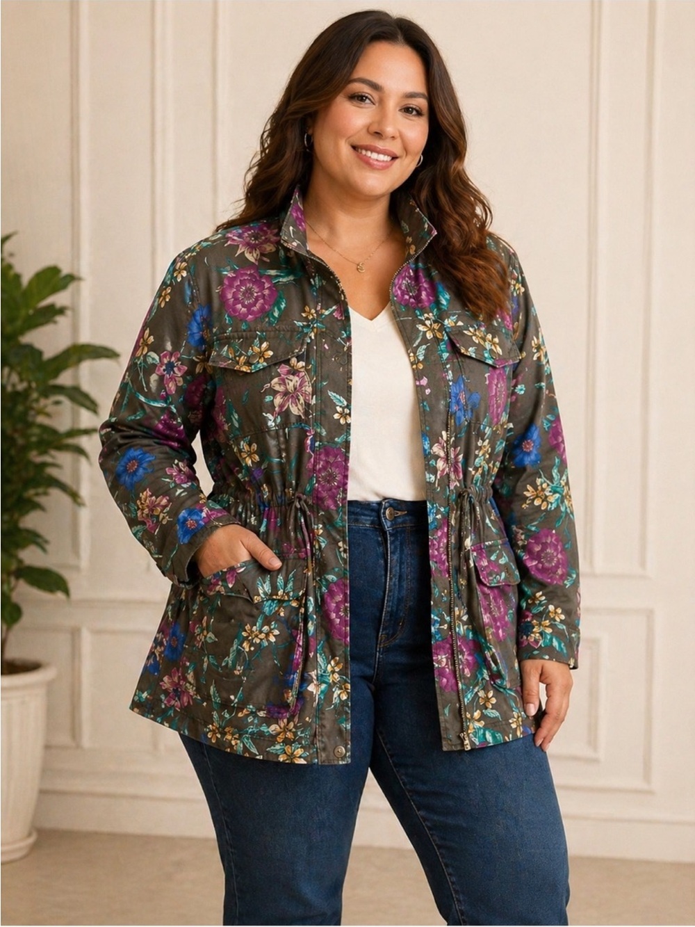 Lane Bryant Olive Floral Twill Utility Jacket with Purple & Blue Flowers